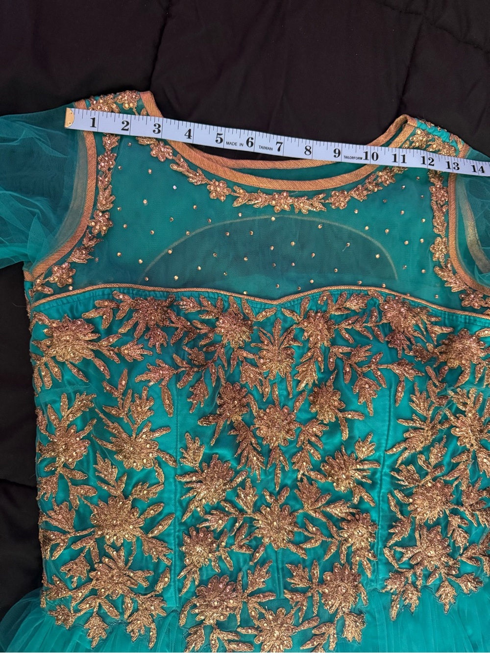Teal Party Dress with Gold Embroidered Floral Appliqués